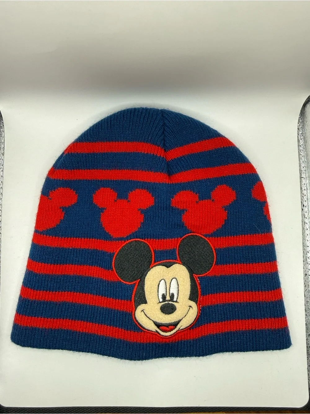 Disney Junior Mickey Mouse Child Embroidered Blue/Red Stripe Cuff Beanie Hat